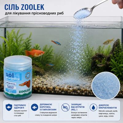Сіль для лікування прісноводних риб Zoolek 300 г (7002) - акваріумна лікувальна сіль без йоду